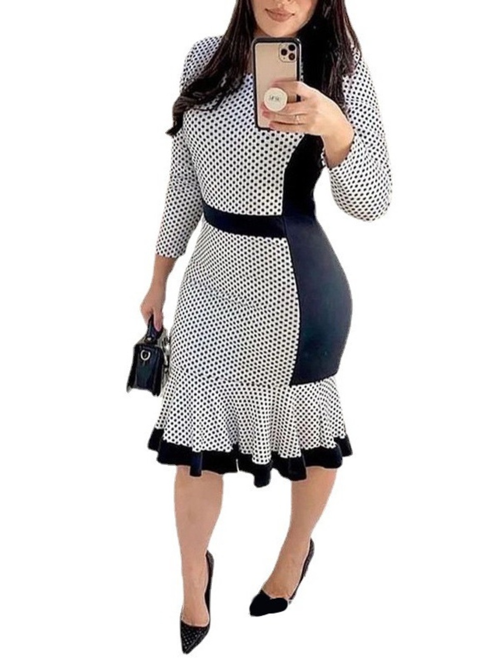Chic Me Black & White Polka Dot Midi Dress with Ruffle Hem